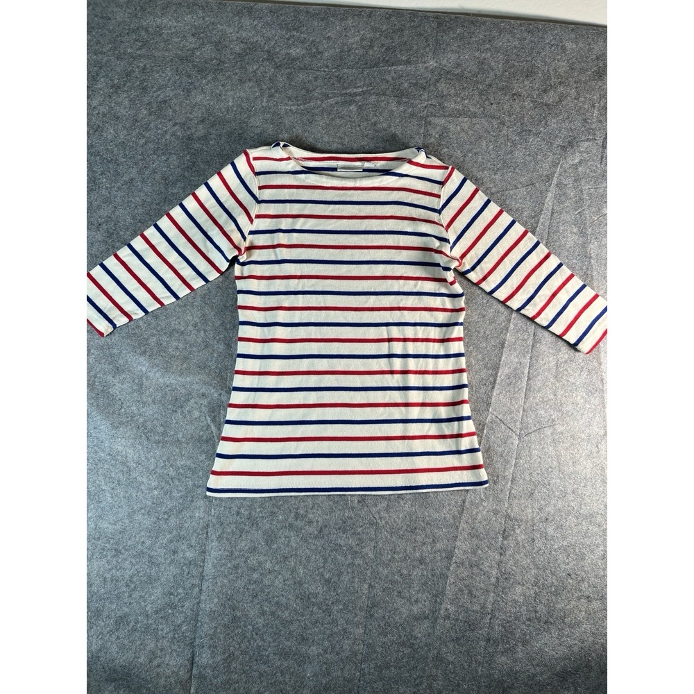 LL Bean Women White Red Blue Nautical Striped Preppy Knit  3/4 Sleeves XS